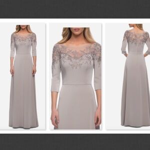 NEW La Femme Embroidered Illusion Neck Gown Silver  Size 10